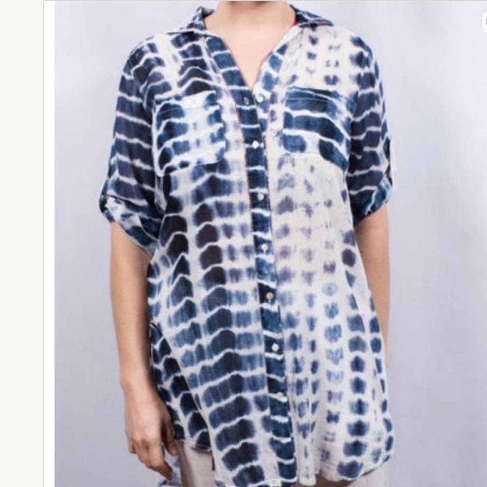 DOLMA Navy Blue and White Shibori Tie-Dye Cotton Button-up Tunic Top XL Like New